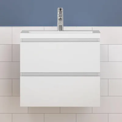 Produktbild von Waschtisch mit Unterschrank 60cm Alast Badmöbel Set Weiß Rechteckiges Waschbecken mit Unterschrank MDF Softclose