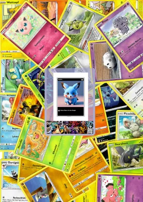 A collage of various Pokemon trading cards, with a central image of a digital illustration of a blue Pokemon character on a screen.