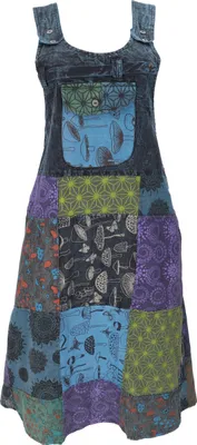 Produktbild von Boho Latzrock, Patchwork Trägerkleid, Latzkleid - Blau, Damen, Baumwolle, Größe: M