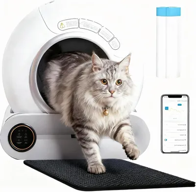 Obrázek produktu pro Automatická kočičí toaleta – samočisticí – kontrola zápachu – ovládání přes aplikaci – objem 65 litrů + 9 litrů – bílá barva