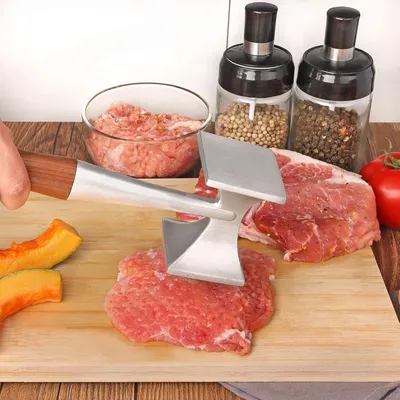 Produktbild von Fleischklopfer, Schwer Belastbar Fleischhammer, Steakhammer mit Holzgriff und Lebensmittelechter Zinklegierung, 2 in 1 Fleischklopfer, 26 CM