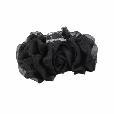 Produktbild von Haarspange mit Chiffon-Rosenblumen-Dekor, rutschfeste Haarkralle mit gekreuzten Zähnen, großer Hai-Haarspange, Haarkralle mit starkem Halt, Haar-Accessoires, Schwarz