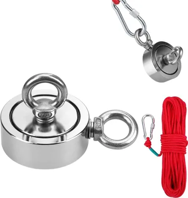 Two magnetic fishing kits are shown against a white background. One kit is larger and in the foreground, showing the magnet with an eye bolt attached. The other kit, in the upper right, is smaller and shows the magnet with a carabiner and rope attached.