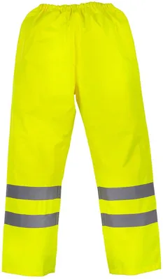 A pair of bright yellow rain trousers with reflective stripes.
