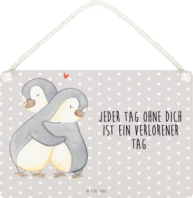 Produktbild von Mr. & Mrs. Panda Schild Pinguine Kuscheln DIN A4 - Grau Pastell - Geschenk, für Frauen, Hochzeitstag, Türschild, holzbild, Valentinstag, Männer, Holzschild, wandtafel