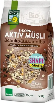 MUSLI 5 ZBÓŻ Z KAWAŁKAMI CZEKOLADY I PRAŻONYMI ZIARNAMI KAKAOWCA BIO 500 g - BOHLSENER MUEHLE