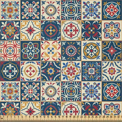 Obrázok produktu pre ABAKUHAUS marocká mikrovláknová látka predávaná na metre, portugalský Azulejo Checkered Squares farebný vzor kvetinová výzdoba, 1 m (230 x 100 cm), tmavomodrá žltá červená