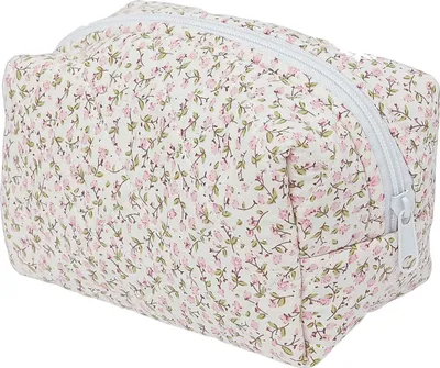 Produktbild von Reise Kosmetiktasche Set Damen, Gesteppte Kosmetiktasche Mit Blumenmuster Und GroßEm FassungsvermöGen Aus Weichem Baumwollmaterial FüR Make-Up-Pinsel Und Beauty-Utensilien (Rosa)