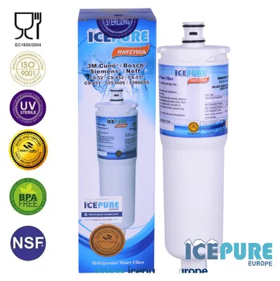 A refrigerator water filter and its packaging are shown against a white background.