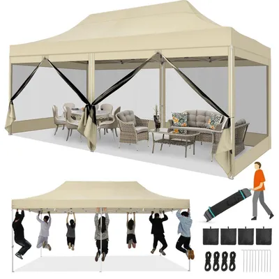Produktbild von Faltpavillon 3x6m Wasserdicht Stabil mit 6 Seitenwänden Pop Up Gartenpavillon Khaki 420D Oxford