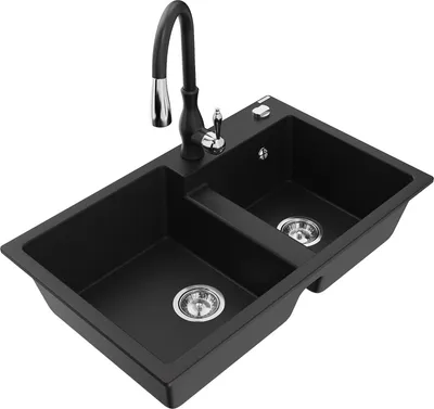 Produktbild von Mexen Tomas 2-Becken-Granitspüle mit Mischbatterie Savita, Schwarz - 6516-77-672601-70