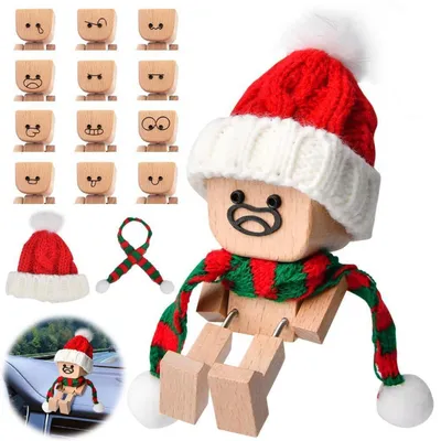 Produktbild von Wackelnde Holzfigur Auto Schüttelmann mit 12 magnetischen Ausdrücken, Naturholz