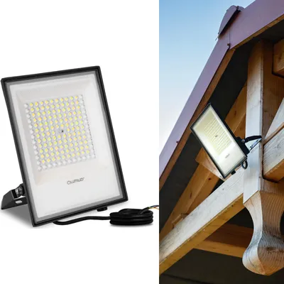 A split image showing a LED floodlight on a white background and another LED floodlight installed on a wooden structure outdoors.