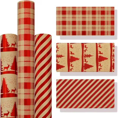 Productafbeelding van Cadeaupapier, kerstthema, 3 rollen, 43x300 cm, kraftpapier, kerstboom, eland, strepen, ruitpatroon
