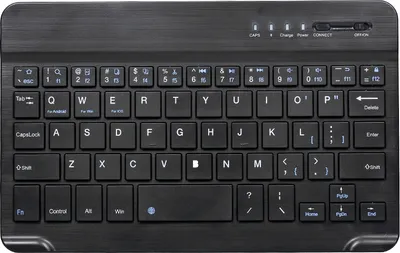 A top-down view of a black Bluetooth keyboard.