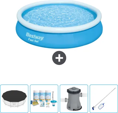Produktbild von Bestway runder aufblasbarer Fast-Set-Pool – 366 x 76 cm – Blau – im Lieferumfang enthalten Abdeckung - Wartungspaket - Pumpe - Reinigungskit