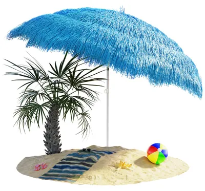 Produktbild von KINGSLEEVE® Sonnenschirm Hawaii Ø160cm Neigbar Höhenverstellbar UV Schutz 30+ Groß Rund Balkon Strand Strohschirm Strandschirm Bast Hawaiischirm Blau