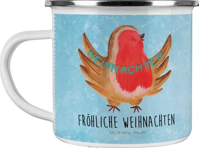 Produktbild von Mr. & Mrs. Panda becher emaille Rotkehlchen Weihnachten - Eisblau - Geschenk, Vogel, Weihnachtsgruß, Teetasse, Tasse, Pott, Winter, Frohe, Heiligabend, Haferl