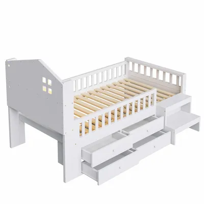 Produktbild von Flieks Kinderbett Hausbett 90x200cm mit 4 Schubladen, Holzbett Schlafsofa mit Ladefunktion und Led, Einzelbett mit Treppe und Rausfallschutz, Weiß