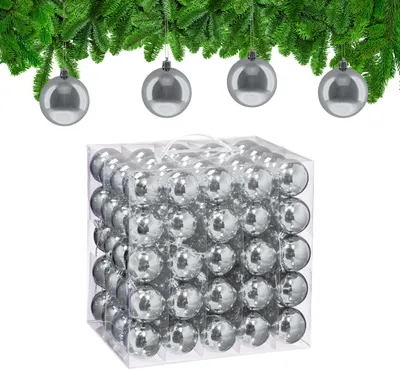Image de Lot de 100 boules de Noël Relaxdays, décorations de Noël, brillantes, boules pour sapin de Noël, décorations pour sapin de Noël de ∅ 6 cm, argentées