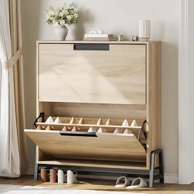 Imagen del producto de Armario estrecho para zapatos, zapatero de madera con 2 puertas, estantería para zapatos con estantes ajustables y patas de metal, organizador de zapatos que ahorra espacio, ideal para recibidores y pasillos