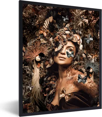 Produktbild von MuchoWow® Gerahmtes Poster Luxus - Frau - Tiere - Schmetterlinge - Vögel 60x80 cm - Poster mit Schwarzem Bilderrahmen Wandposter Rahmen Foto Bilder - Premium - Wanddeko Wohnzimmer