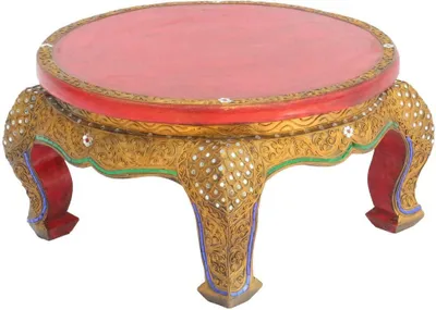 Produktbild von Opiumtisch Rund Spiegelsteine Beistelltisch Rot Antik Nachttisch Couchtisch Holztisch Thailand 40cm Ø
