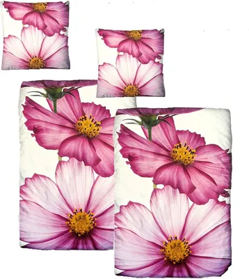 Produktbild von Baumwolle Satin Bettwäsche Blumen Weiß Pink 155x220 80x80: 4 tlg.