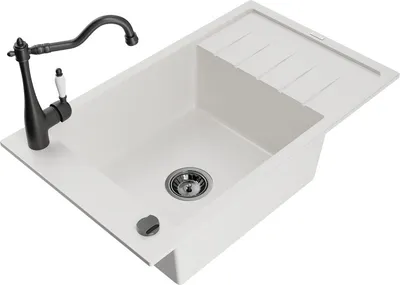 Produktbild von Mexen Elias 1 Becken-Granitspüle mit Abtropffläche und Mischbatterie Carla, Weiß - 6511-20-670700-70