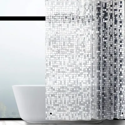 Image de Rideau de douche anti-moisissure 183 x 183 cm avec leste et aimant sur le bas, rideau en EVA transparent, à motifs géométriques, imperméable et antibactérien pour la douche et la baignoire, livré avec 12 anneaux, adapté aux enfants
