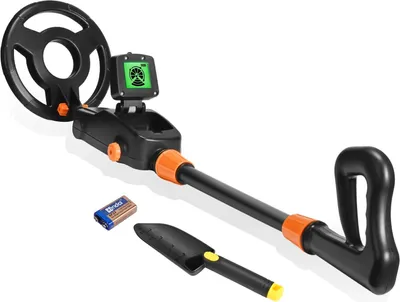 Obrázek produktu pro Detektor kovů (detektor kovů) pro děti - LCD displej - IP68 vodotěsná cívka - včetně hrábě - včetně baterie - pro pláž, park a hledání pokladů - černá barva