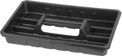 A black plastic tool tray with compartments and a central handle, shown from a slightly elevated angle against a white background.
