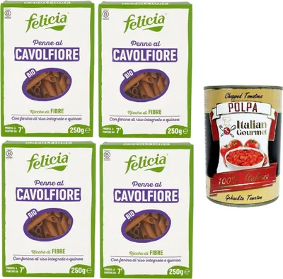 Produktbild von Felicia Penne al Cavolfiore Con farina di riso integrale e quinoa Blumenkohl-Penne mit braunem Reismehl und Quinoa 4x250gr + Italian Gourmet polpa 400g