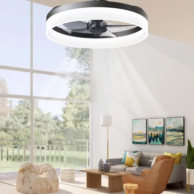 Image de Ventilateur de plafond blanc - 50 cm avec éclairage - Puissance de 50 W - Matériaux : ABS et fer - Idéal pour salon et chambre