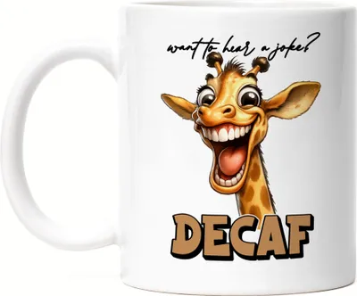 Produktbild von Want to hear a joke decaf Tasse Weiß lustiger Spruch Decaf Kaffee Giraffe