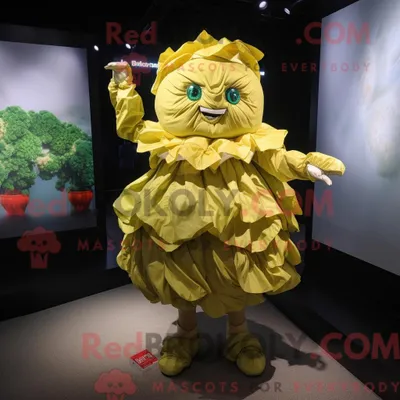Produktbild von Maskottchencharakter REDBROKOLY eines Goldkohls mit Minirock und Handschuhen