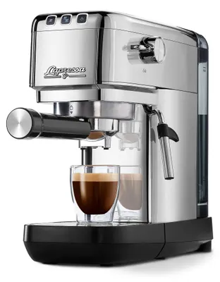 Image de Tchibo Machine à espresso à porte-filtre "Lapressa" (15 bar, réservoir d'eau de 980ml), technologie de pré-infusion, avec fonction 2 tasses et buse à mousse de lait, y compris deux tamis à double paroi (argent)
