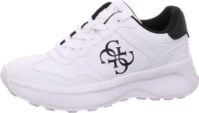 A white Guess sneaker with a black logo on a white background.