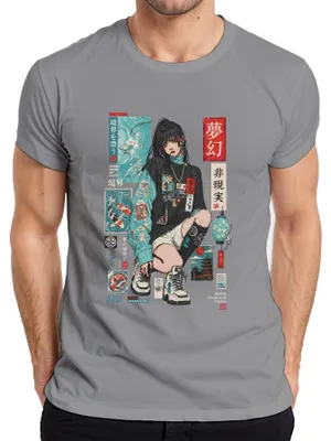 Immagine prodotto di T-shirt da uomo, colore grigio, taglia S, con stampa ispirata all'anime, al Giappone, allo stile Y2K, a Harajuku e ai manga