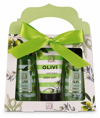 Immagine prodotto di Set da bagno Accentra OLIVE con gel doccia, schiuma da bagno e lozione corpo, confezionato in una scatola regalo