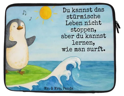 Produktbild von Mr. & Mrs. Panda Laptop Tasche Pinguin Surfer Design 27 x 36 cm - Weiß - Geschenk, Hawaii, Laptoptasche, Laptophülle, Motiviert, Portugal, Optimistisch, Urlaub, Hülle