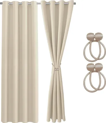 Produktbild von COZYOR 2x blickdichte Vorhänge + 2x Raffhalter mit Magnet, Thermogardine,100% verdunkelnd, 200x135cm, beige