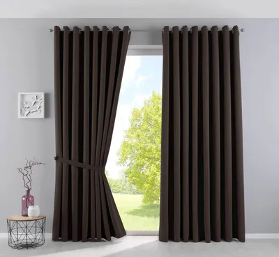 A pair of brown blackout curtains are shown, with one curtain partially drawn back to reveal a window with a green tree and blue sky outside. A small side table with decorative items is visible to the left.