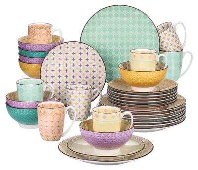 Imagen del producto de Juego de vajilla de porcelana - 32 piezas - 4 colores - 4 diseños - Platos llanos - Platos de postre - Cuencos y tazas