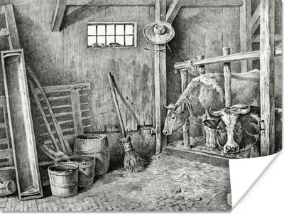 Produktbild von MuchoWow® Poster Pferdestall mit zwei Kühen - Gemälde von Jean Bernard 160x120 cm - Foto Plakat