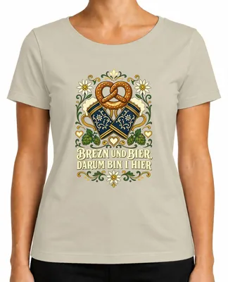 Produktbild von Brezn und Bier darum bin i hier Trachtenshirt Lederhose Dirndl Damen T-Shirt, Natur, S
