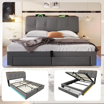 Obrázek produktu pro Postel s čalouněnou konstrukcí, rozměry 140 x 200 cm, s LED osvětlením, hydraulickým úložným prostorem, zásuvkami, USB a Type-C porty, čalouněnou opěrkou hlavy, barva šedá, materiál len