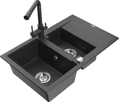 Produktbild von Mexen Gaspar 1,5-Becken-Granitspüle mit Abtropffläche und Mischbatterie Duero, Schwarz gesprenkelt - 6507-76-671600-76