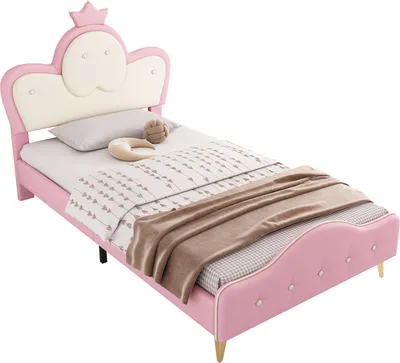 Produktbild von Polsterbett, Kinderbett, Monochromer LED-Streifen mit weichen Schutzkanten, Kopfteil mit Krone, Bettfüße aus Metall, Wellenform mit Zugp, PU, 90x200CM