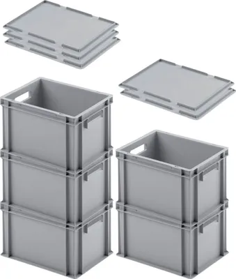 Produktbild von SuperSparSet 5x Eurobehälter mit offenem Griff & Auflagedeckel | HxBxT 23,5x30x40cm | 22 Liter | Grau | Eurobox, Transportbox, Transportbehälter, Stapelbehälter